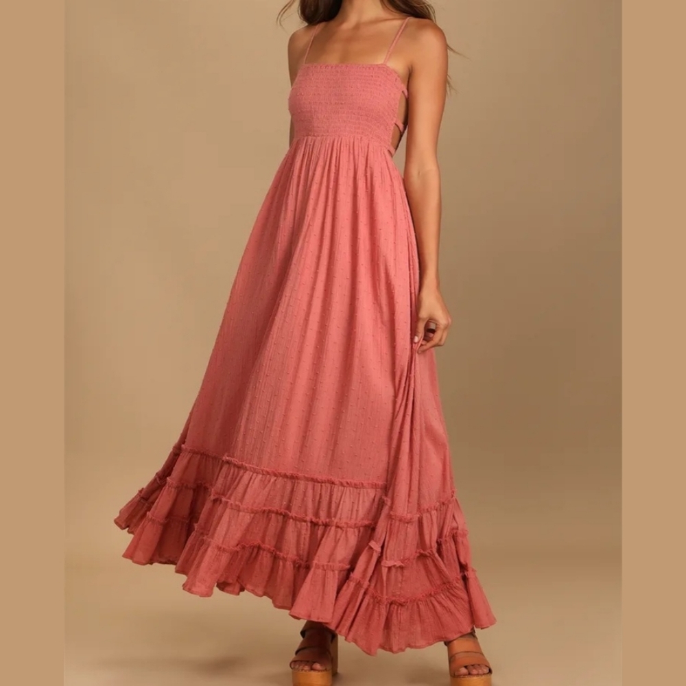 Lulus Serene Sunshine Rose Swiss Dot Smocked Cutout Tiered Maxi Dress Rose Pink